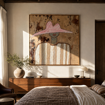 Pink Peak Meets Texture - neutral striped figure painting by Elliot Vale, modern figurative square wall art - styled room scene view 1