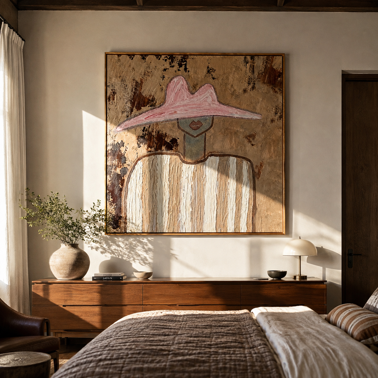 Pink Peak Meets Texture - neutral striped figure painting by Elliot Vale, modern figurative square wall art - styled room scene view 1