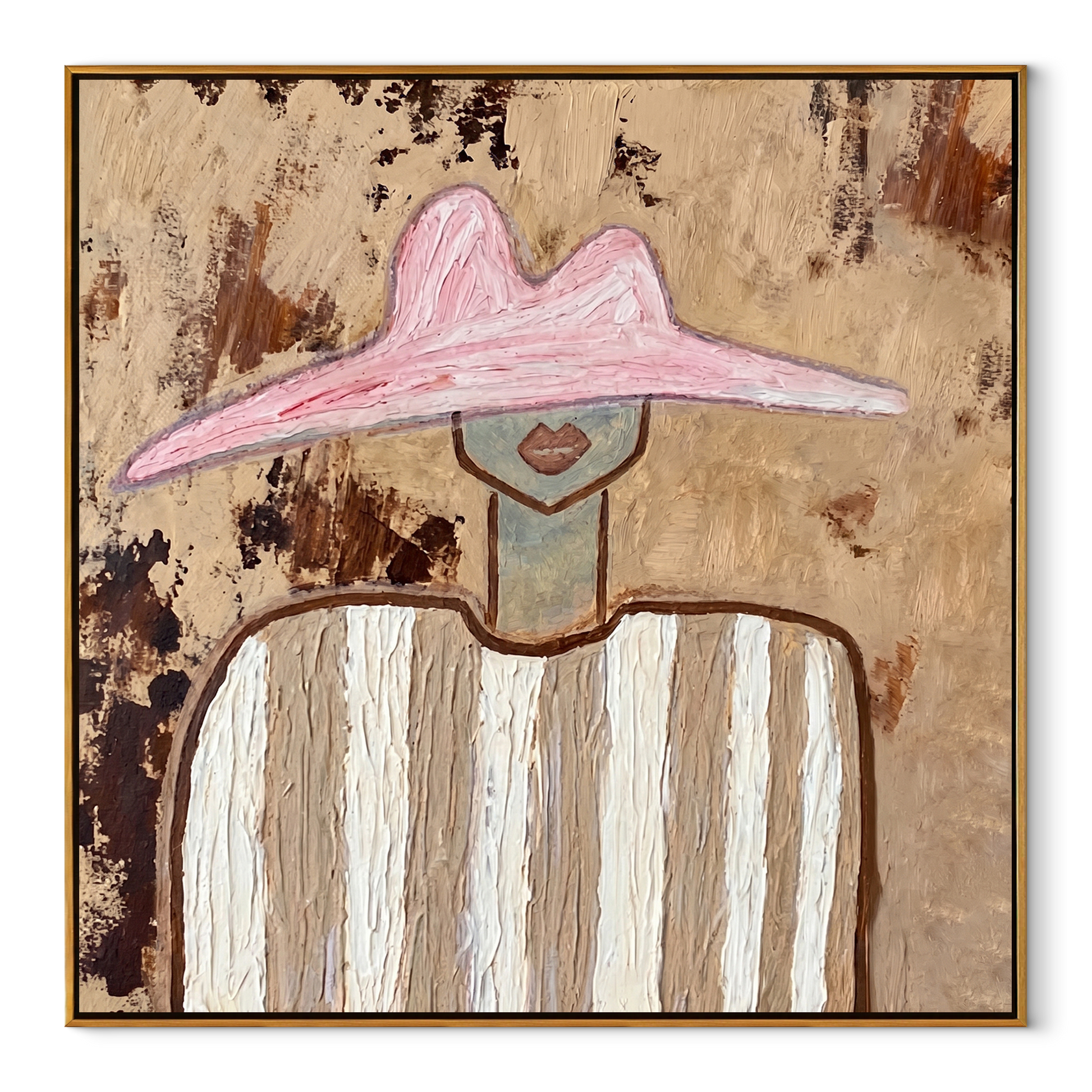 Pink Peak Meets Texture - neutral striped figure painting by Elliot Vale, modern figurative square wall art - wood frame on white background