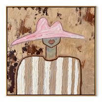 Pink Peak Meets Texture - neutral striped figure painting by Elliot Vale, modern figurative square wall art - wood frame on white background