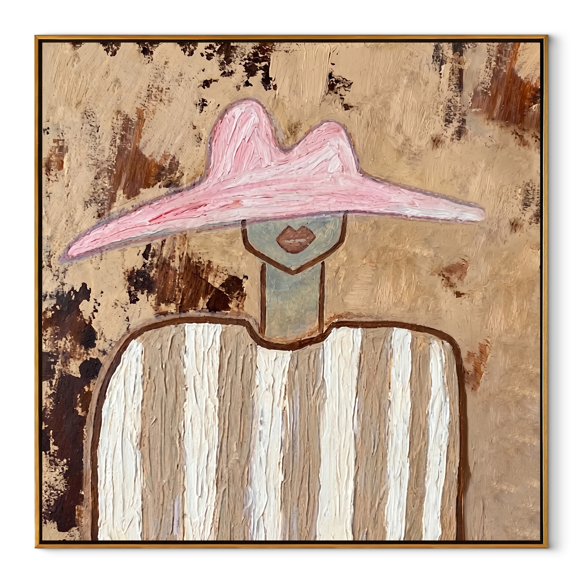 Pink Peak Meets Texture - neutral striped figure painting by Elliot Vale, modern figurative square wall art - wood frame on white background