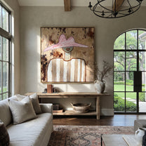Pink Peak Meets Texture - neutral striped figure painting by Elliot Vale, modern figurative square wall art - styled room scene view 2