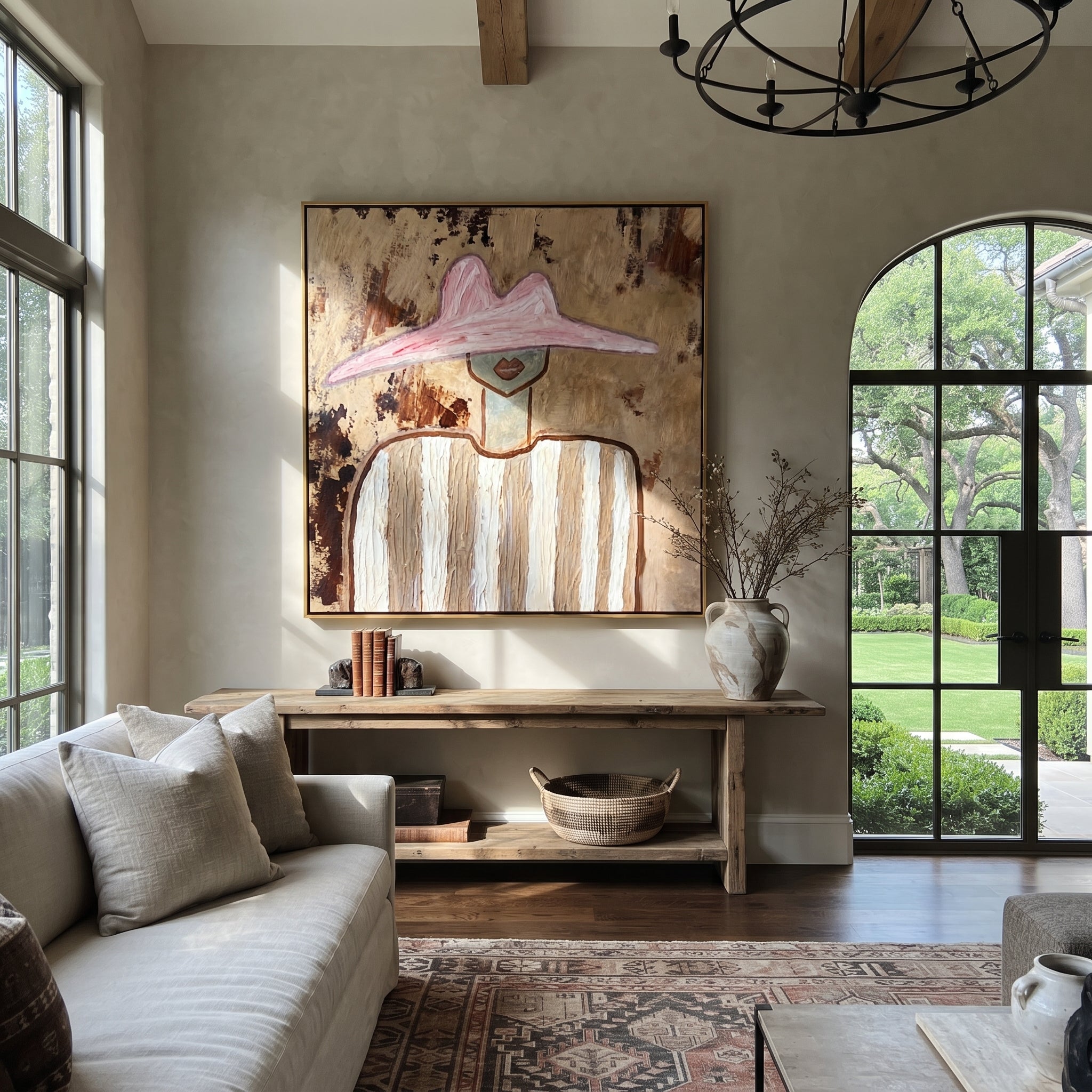 Pink Peak Meets Texture - neutral striped figure painting by Elliot Vale, modern figurative square wall art - styled room scene view 2