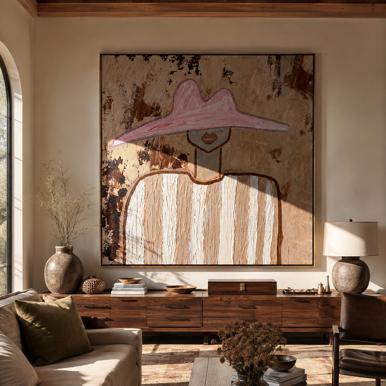 Pink Peak Meets Texture - neutral striped figure painting by Elliot Vale, modern figurative square wall art - styled room scene view 4