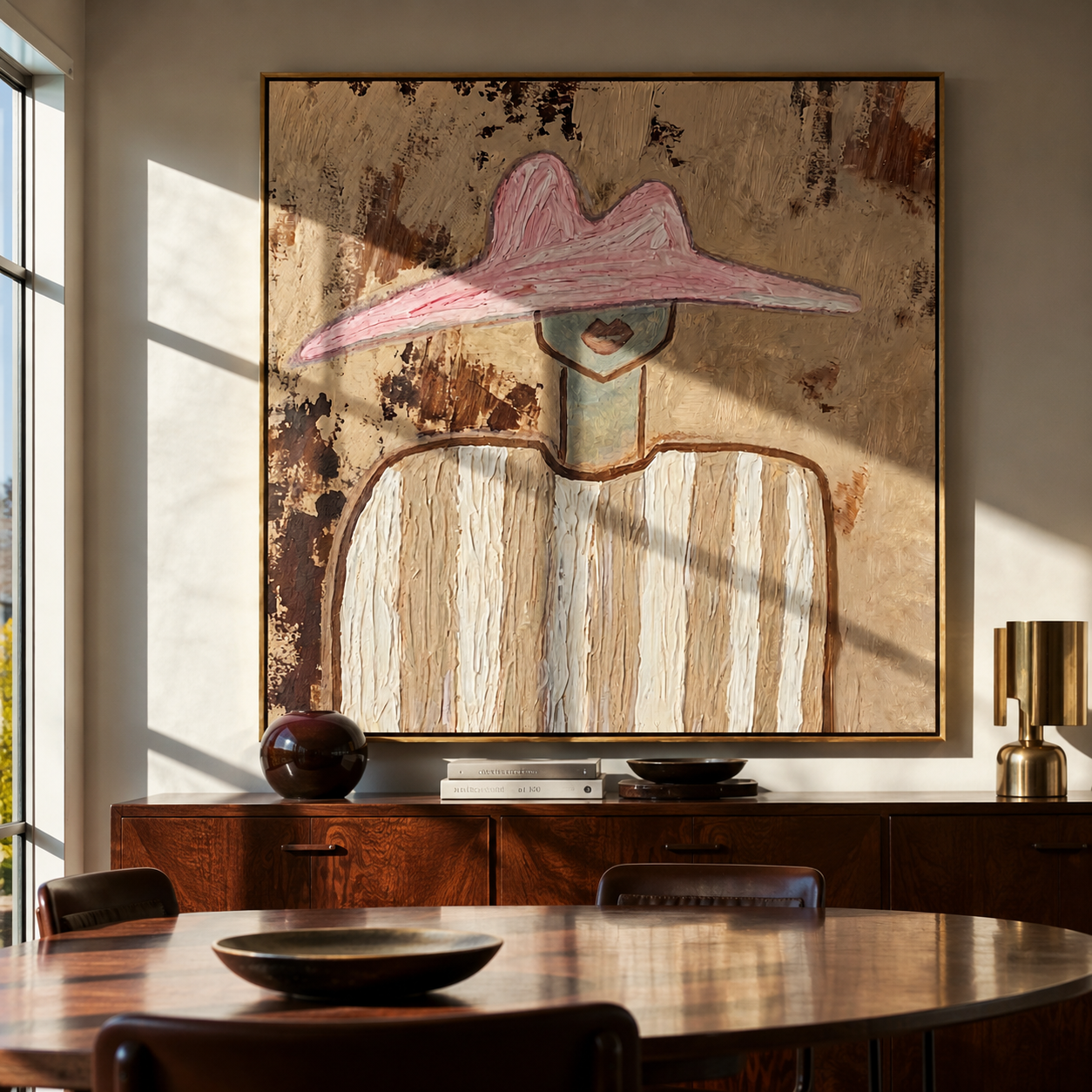 Pink Peak Meets Texture - neutral striped figure painting by Elliot Vale, modern figurative square wall art - styled room scene view 5
