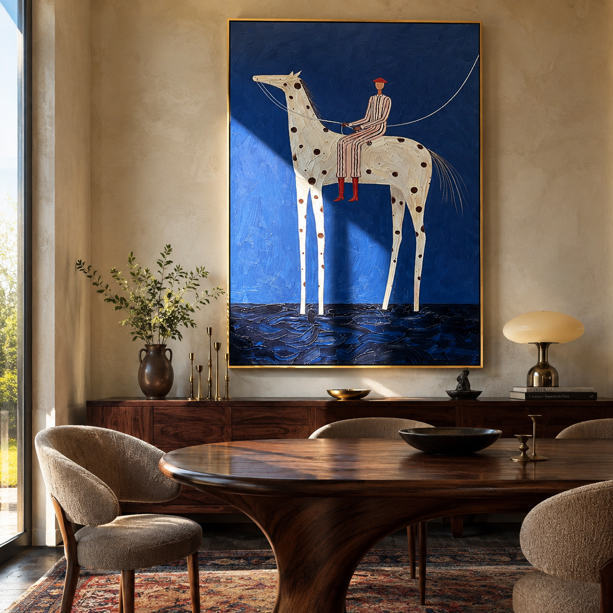 Spotted Horse Crosses Blue - white horse rider painting by Elliot Vale, modern figurative square wall art - styled room scene view 1