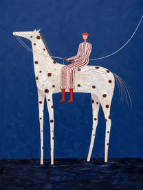 Spotted Horse Crosses Blue - white horse rider painting by Elliot Vale, modern figurative square wall art - wood frame on white background