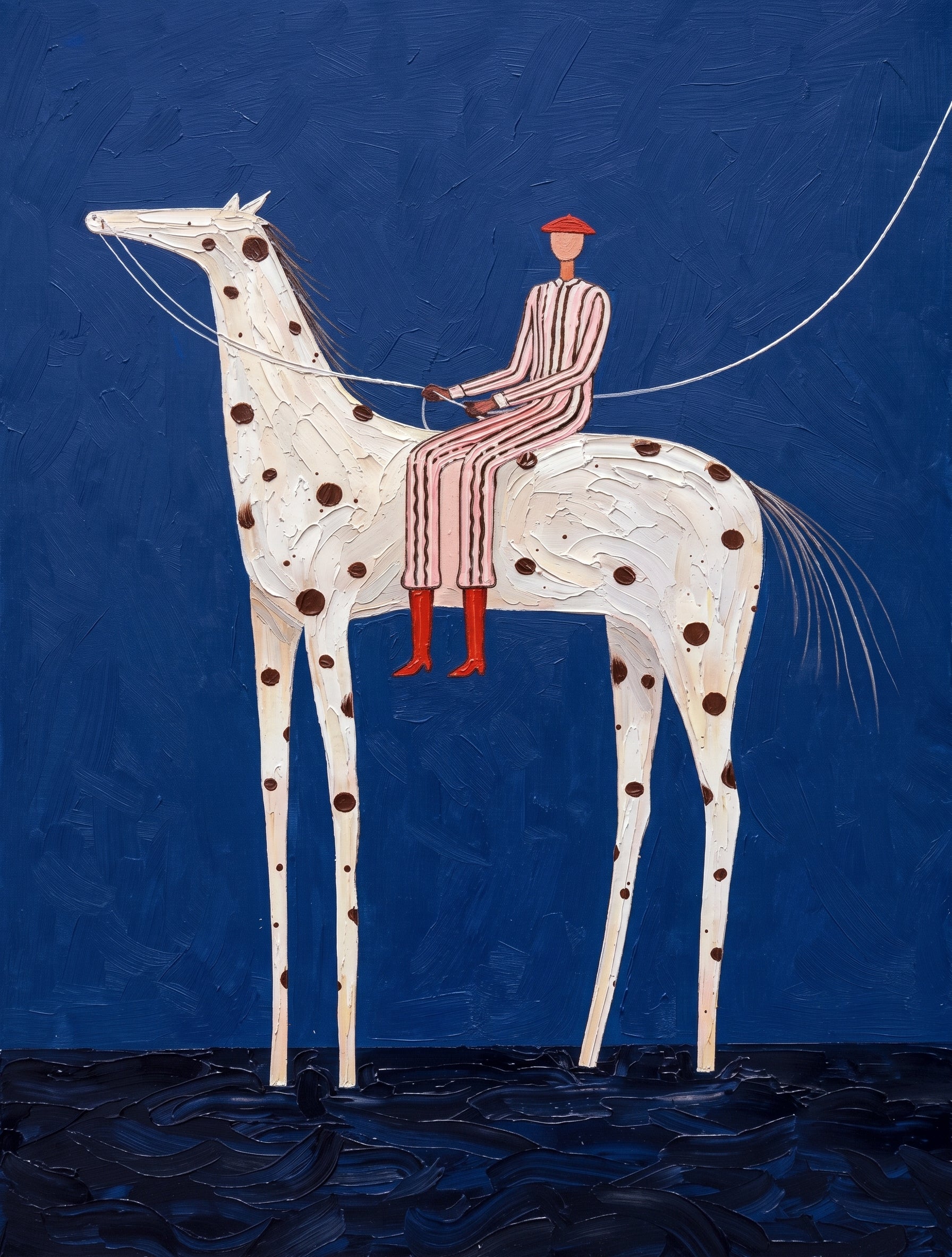 Spotted Horse Crosses Blue - white horse rider painting by Elliot Vale, modern figurative square wall art - wood frame on white background