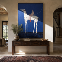 Spotted Horse Crosses Blue - white horse rider painting by Elliot Vale, modern figurative square wall art - styled room scene view 2