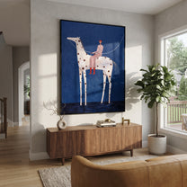 Spotted Horse Crosses Blue - white horse rider painting by Elliot Vale, modern figurative square wall art - styled room scene view 3