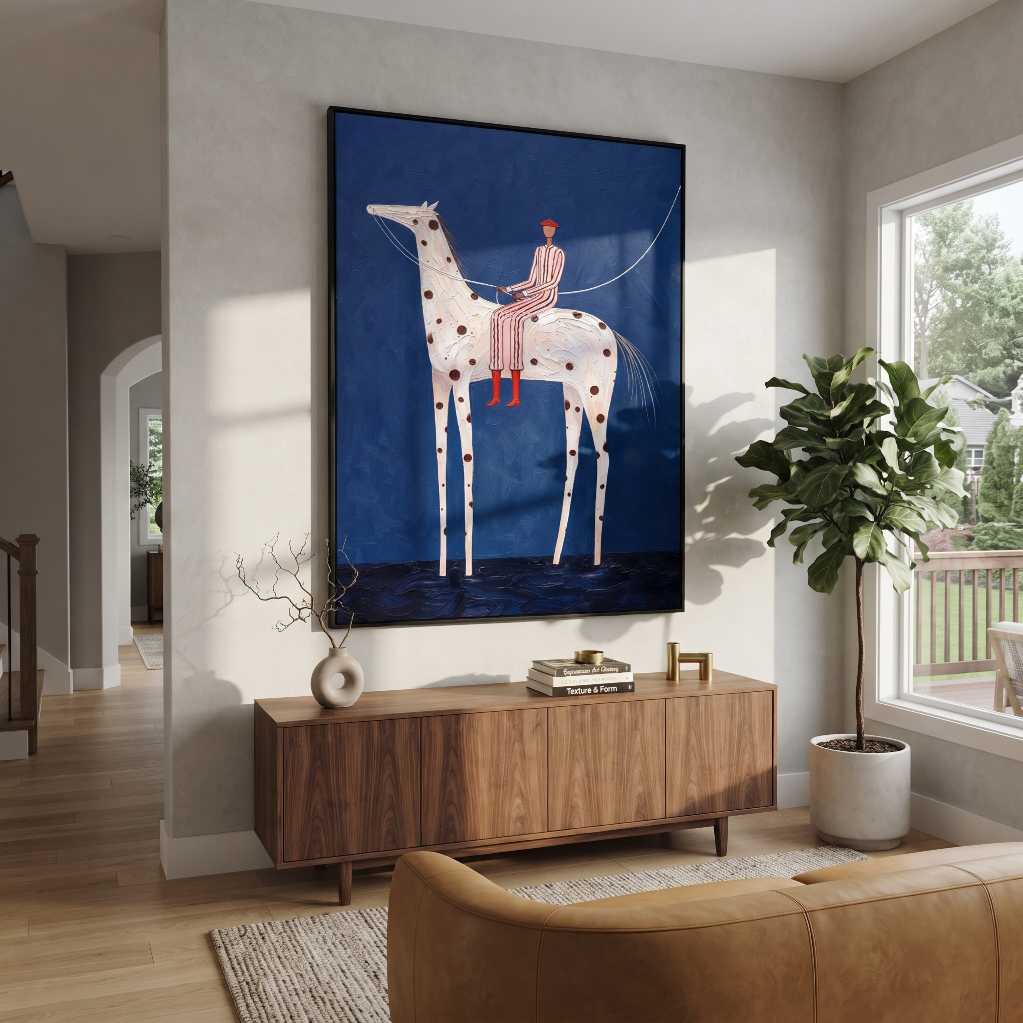 Spotted Horse Crosses Blue - white horse rider painting by Elliot Vale, modern figurative square wall art - styled room scene view 3