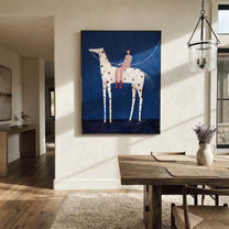 Spotted Horse Crosses Blue - white horse rider painting by Elliot Vale, modern figurative square wall art - styled room scene view 4