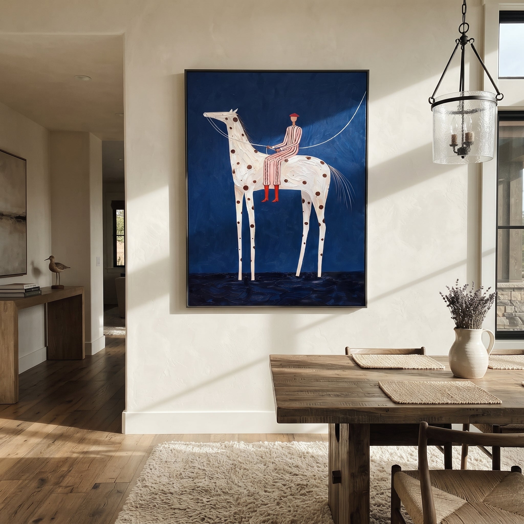 Spotted Horse Crosses Blue - white horse rider painting by Elliot Vale, modern figurative square wall art - styled room scene view 4