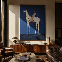 Spotted Horse Crosses Blue - white horse rider painting by Elliot Vale, modern figurative square wall art - styled room scene view 5