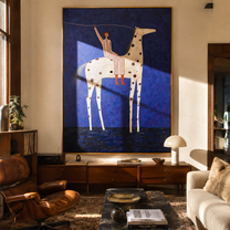 Raised Rope Meets Stars - spotted horse rider painting by Elliot Vale, modern figurative vertical wall art - styled room scene view 1