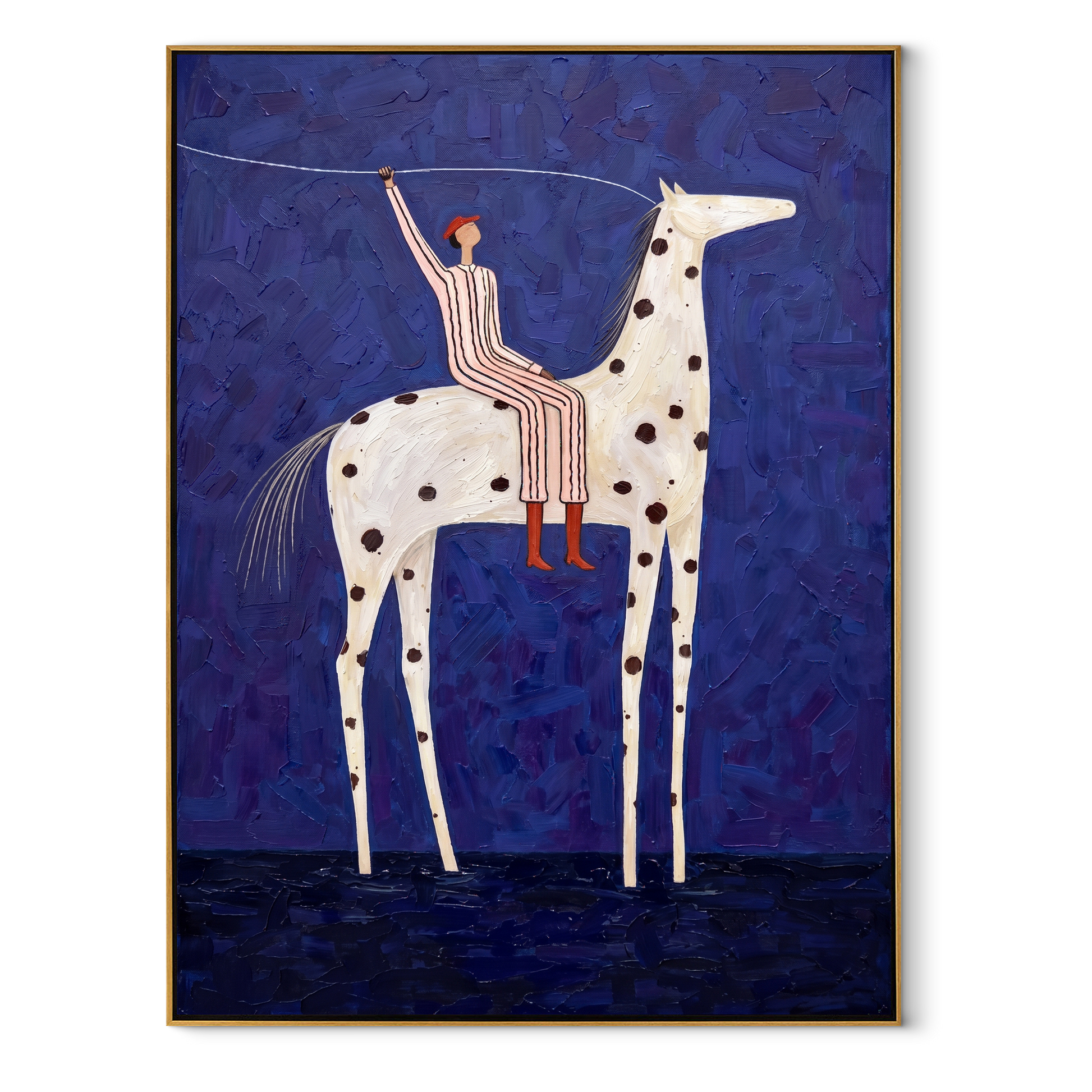 Raised Rope Meets Stars - spotted horse rider painting by Elliot Vale, modern figurative vertical wall art - wood frame on white background