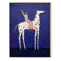 Raised Rope Meets Stars - spotted horse rider painting by Elliot Vale, modern figurative vertical wall art - wood frame on white background