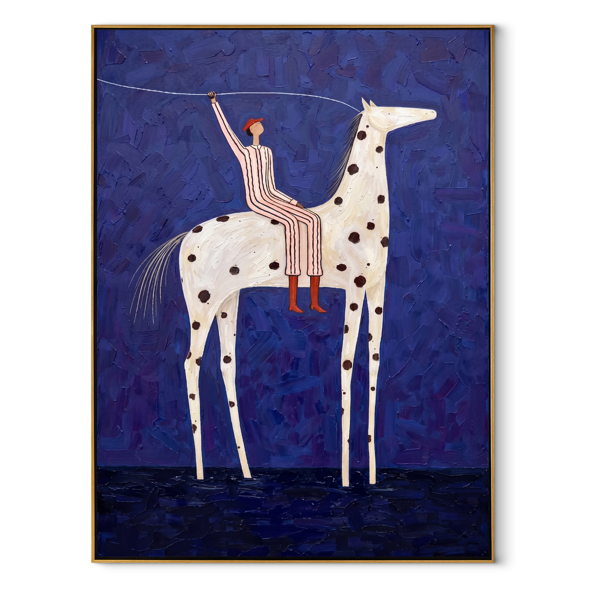 Raised Rope Meets Stars - spotted horse rider painting by Elliot Vale, modern figurative vertical wall art - wood frame on white background