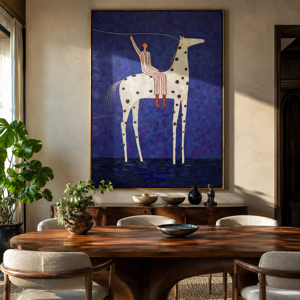Raised Rope Meets Stars - spotted horse rider painting by Elliot Vale, modern figurative vertical wall art - styled room scene view 2