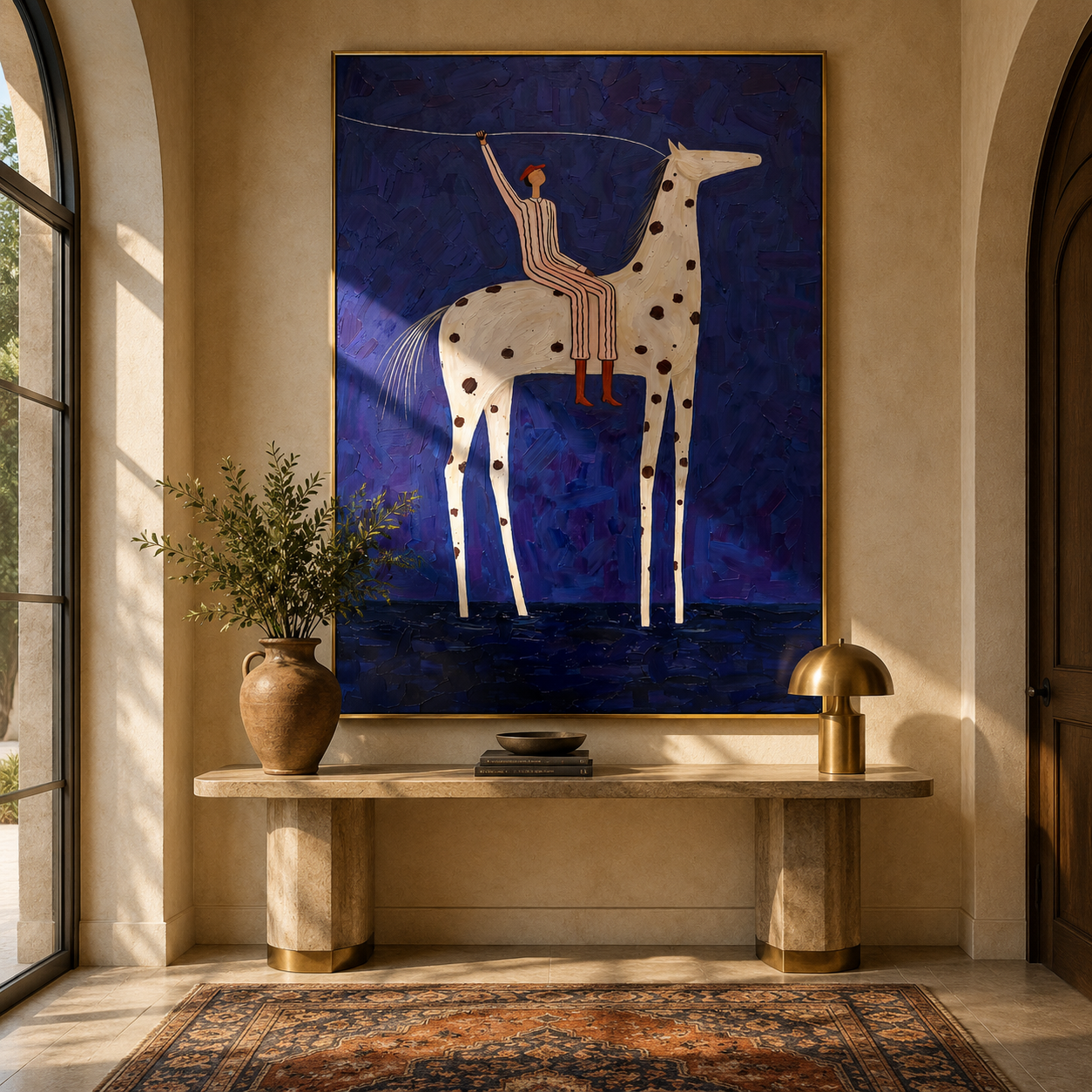 Raised Rope Meets Stars - spotted horse rider painting by Elliot Vale, modern figurative vertical wall art - styled room scene view 3