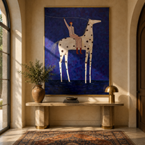 Raised Rope Meets Stars - spotted horse rider painting by Elliot Vale, modern figurative vertical wall art - styled room scene view 3