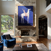 Raised Rope Meets Stars - spotted horse rider painting by Elliot Vale, modern figurative vertical wall art - styled room scene view 4