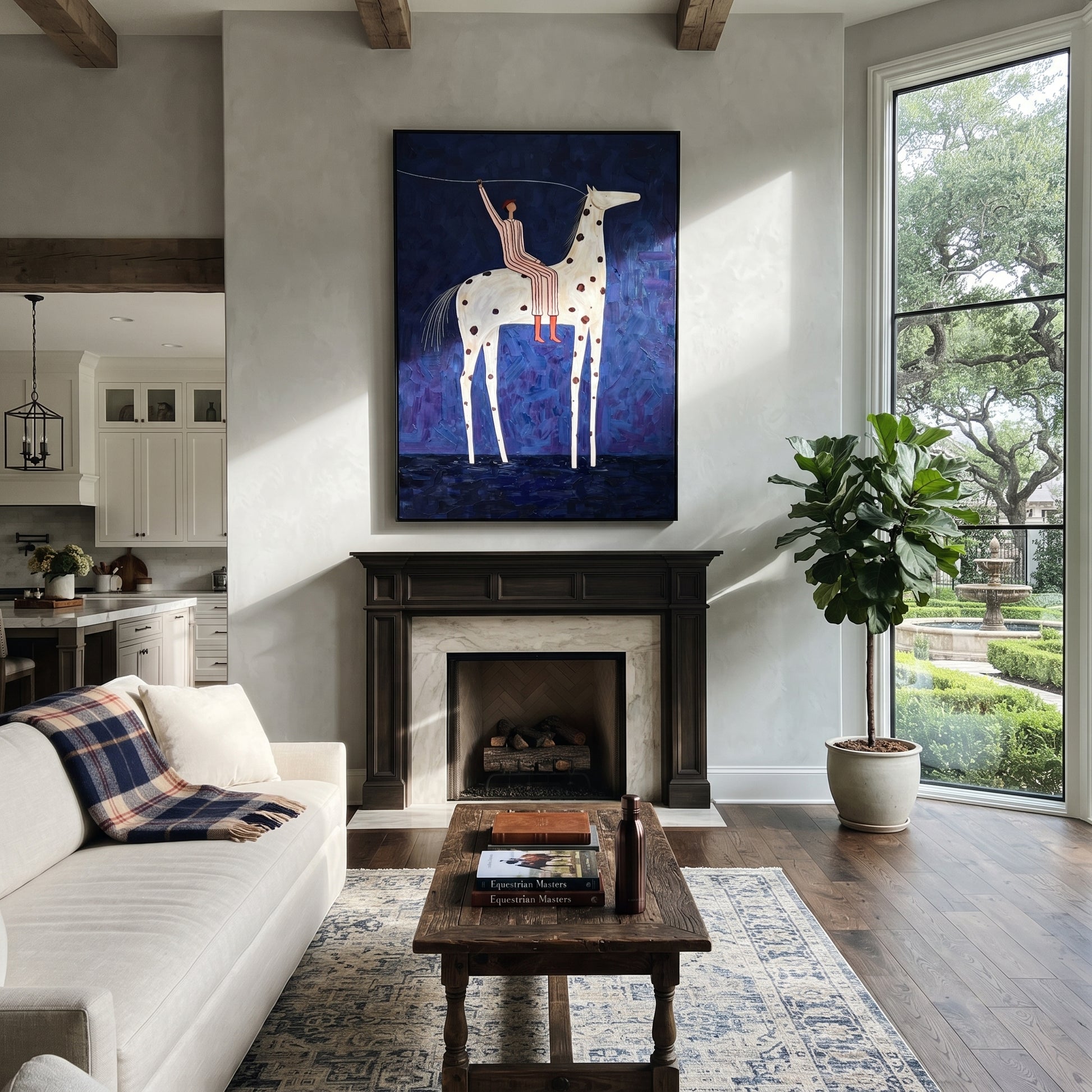 Raised Rope Meets Stars - spotted horse rider painting by Elliot Vale, modern figurative vertical wall art - styled room scene view 5