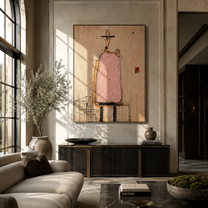 Pink Figure Waits Inside - minimal architectural figure painting by Elliot Vale, modern figurative vertical wall art - styled room scene view 1