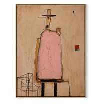 Pink Figure Waits Inside - minimal architectural figure painting by Elliot Vale, modern figurative vertical wall art - wood frame on white background
