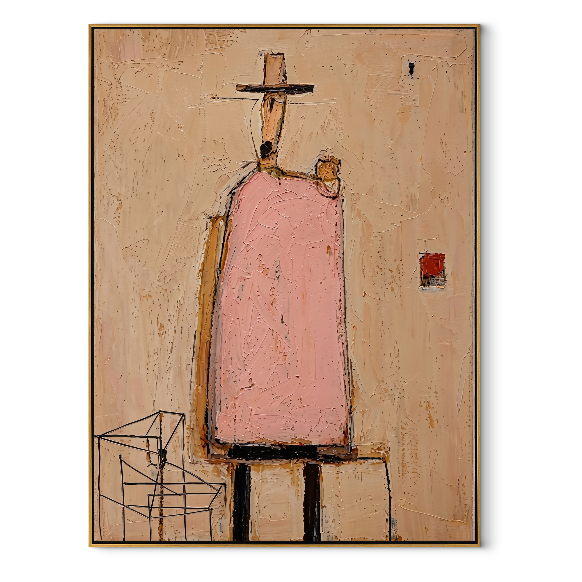 Pink Figure Waits Inside - minimal architectural figure painting by Elliot Vale, modern figurative vertical wall art - wood frame on white background