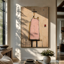 Pink Figure Waits Inside - minimal architectural figure painting by Elliot Vale, modern figurative vertical wall art - styled room scene view 2