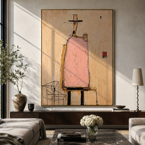 Pink Figure Waits Inside - minimal architectural figure painting by Elliot Vale, modern figurative vertical wall art - styled room scene view 3