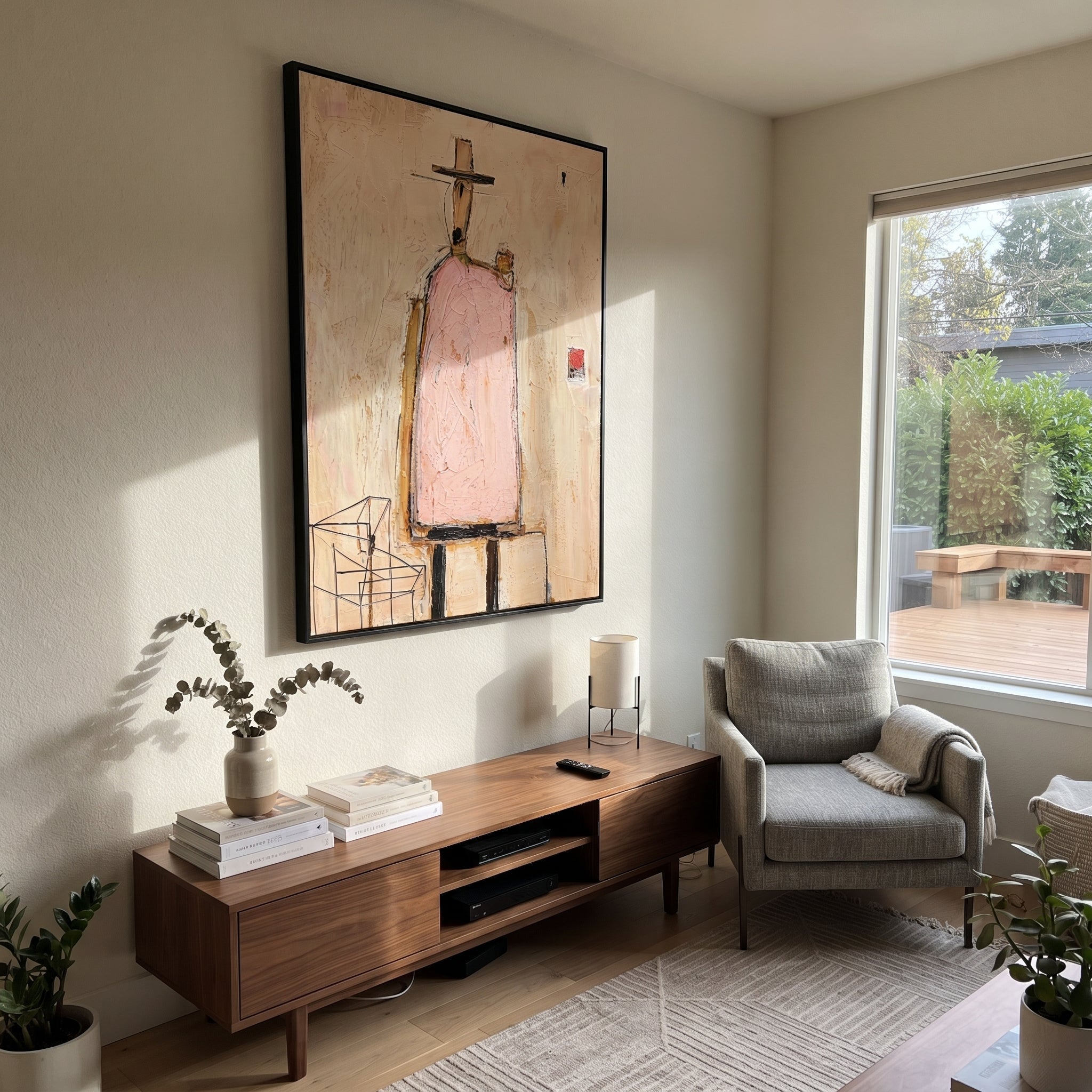 Pink Figure Waits Inside - minimal architectural figure painting by Elliot Vale, modern figurative vertical wall art - styled room scene view 4