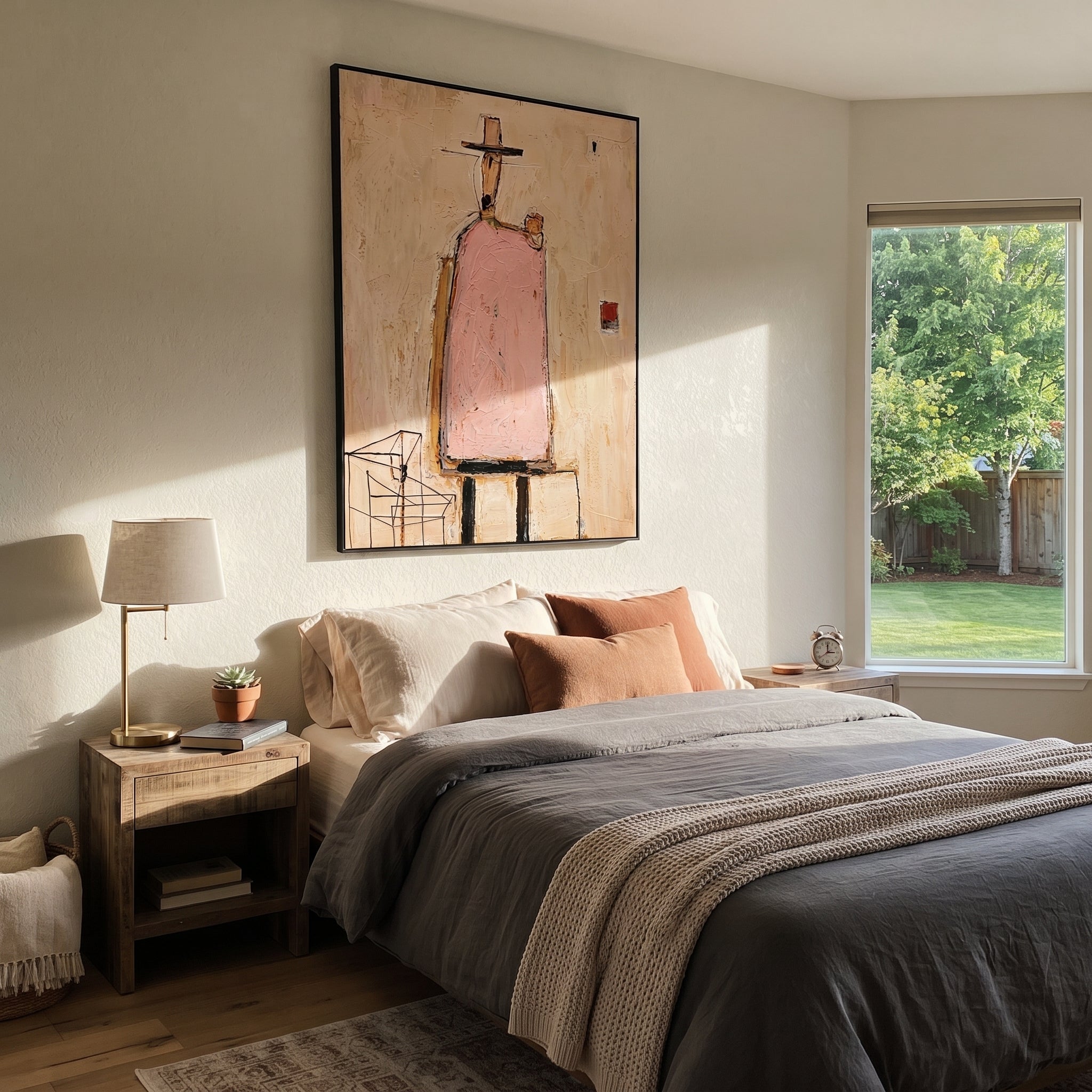 Pink Figure Waits Inside - minimal architectural figure painting by Elliot Vale, modern figurative vertical wall art - styled room scene view 5