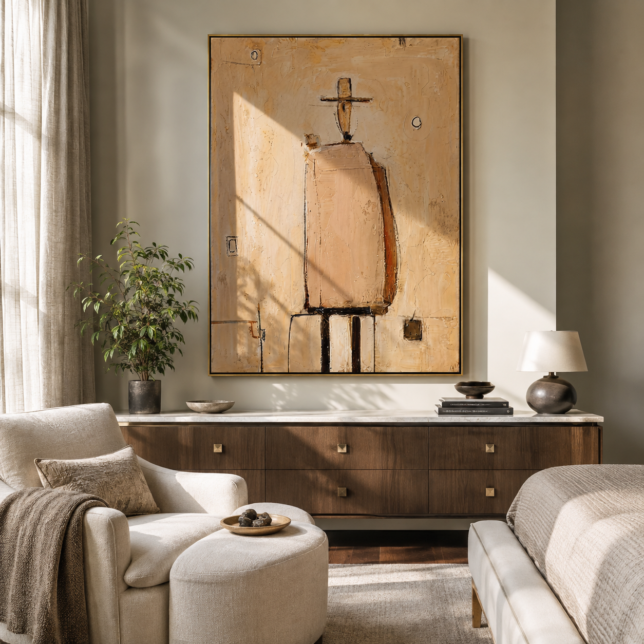 Tan Figure Marks Time - minimal architectural figure painting by Elliot Vale, modern figurative vertical wall art - styled room scene view 1