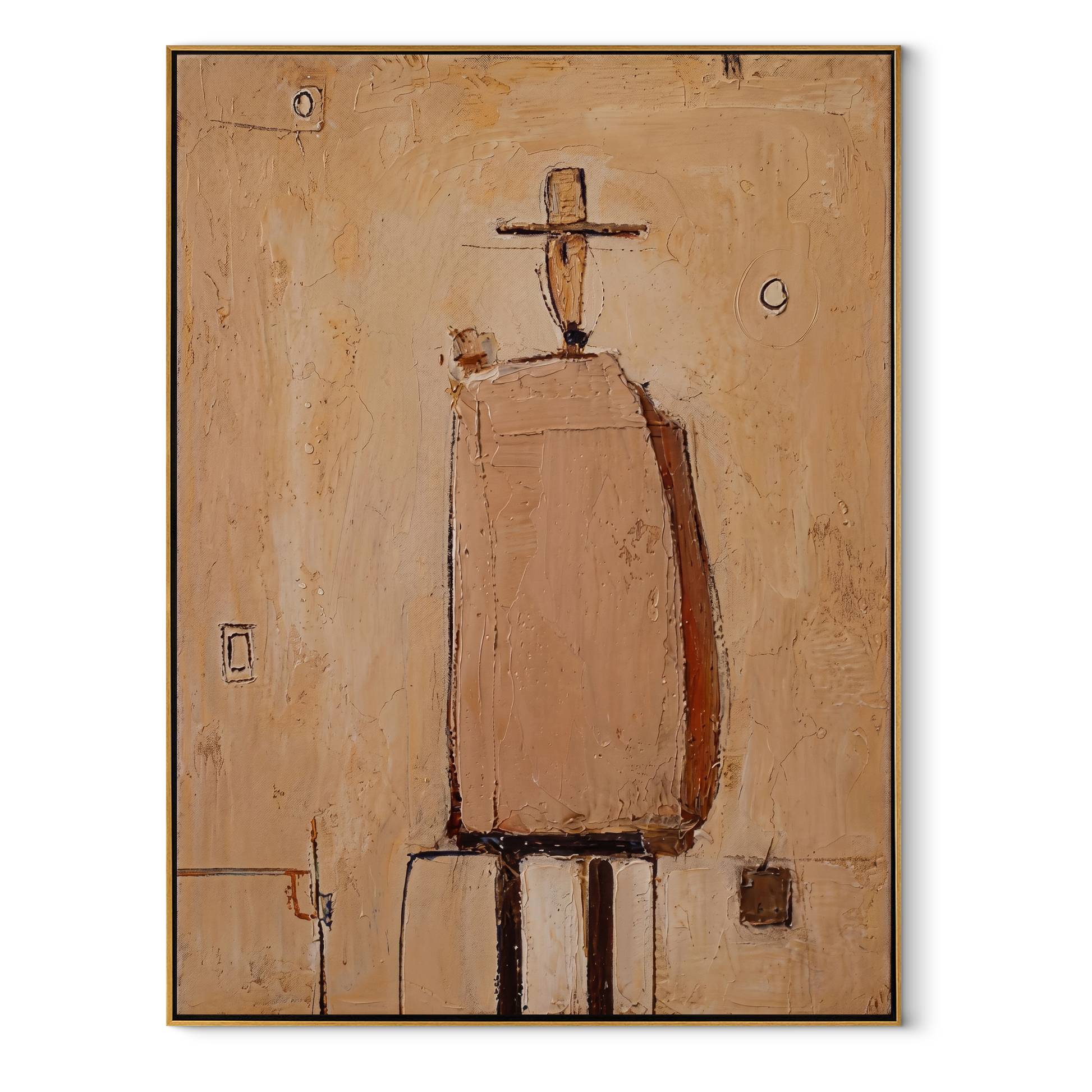 Tan Figure Marks Time - minimal architectural figure painting by Elliot Vale, modern figurative vertical wall art - wood frame on white background