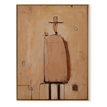 Tan Figure Marks Time - minimal architectural figure painting by Elliot Vale, modern figurative vertical wall art - wood frame on white background
