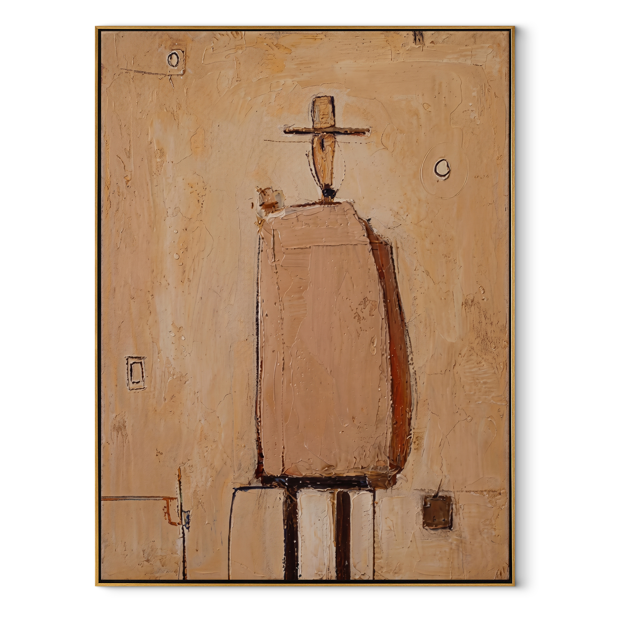Tan Figure Marks Time - minimal architectural figure painting by Elliot Vale, modern figurative vertical wall art - wood frame on white background