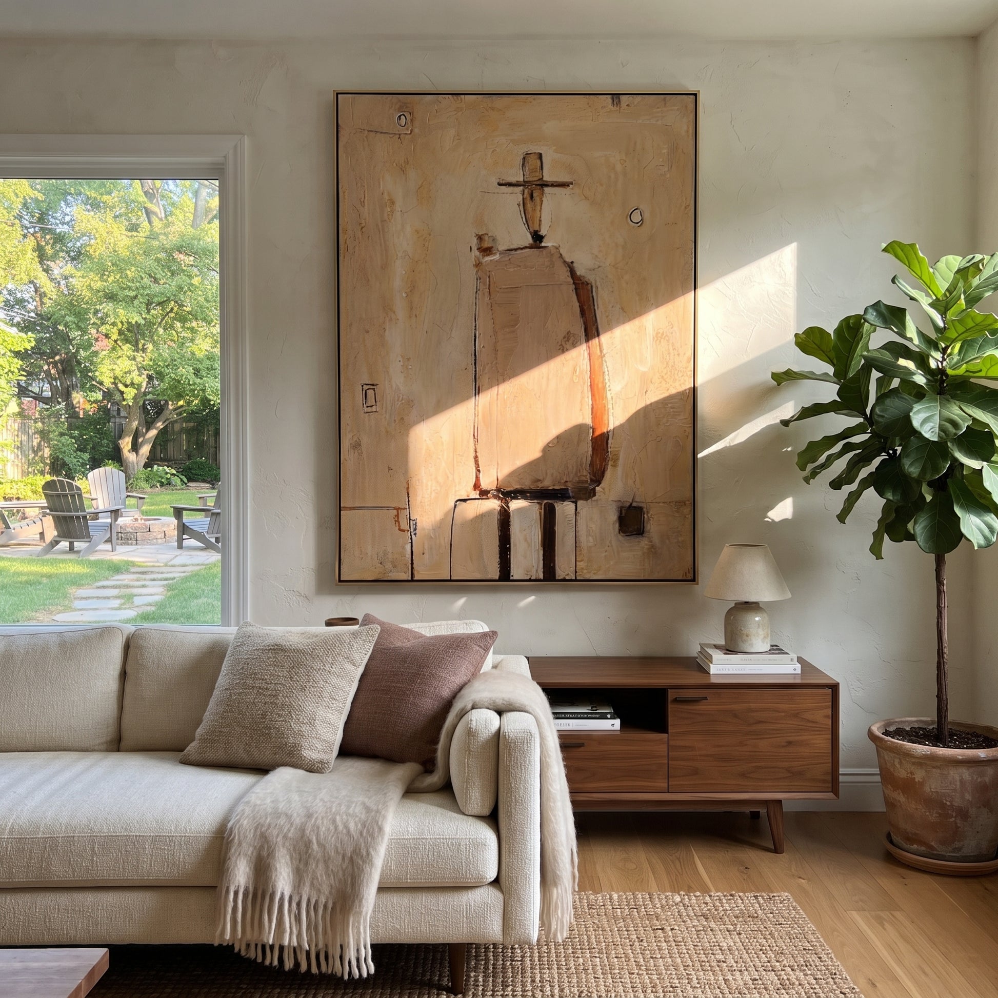Tan Figure Marks Time - minimal architectural figure painting by Elliot Vale, modern figurative vertical wall art - styled room scene view 2