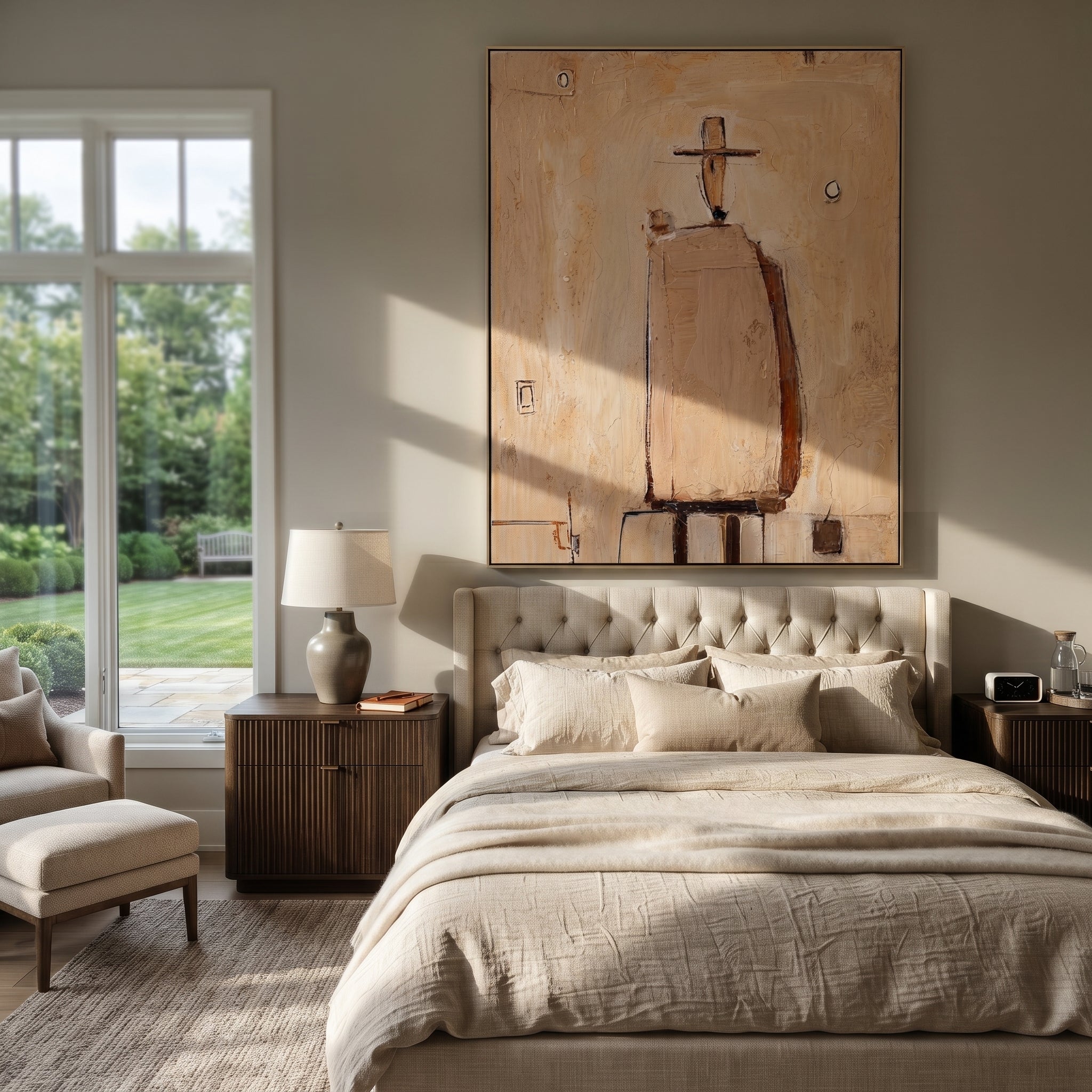 Tan Figure Marks Time - minimal architectural figure painting by Elliot Vale, modern figurative vertical wall art - styled room scene view 3