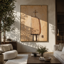 Tan Figure Marks Time - minimal architectural figure painting by Elliot Vale, modern figurative vertical wall art - styled room scene view 4
