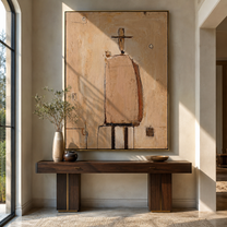 Tan Figure Marks Time - minimal architectural figure painting by Elliot Vale, modern figurative vertical wall art - styled room scene view 5