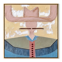 Blush Wings Frame Blue - blue western shirt painting by Elliot Vale, modern figurative square wall art - wood frame on white background