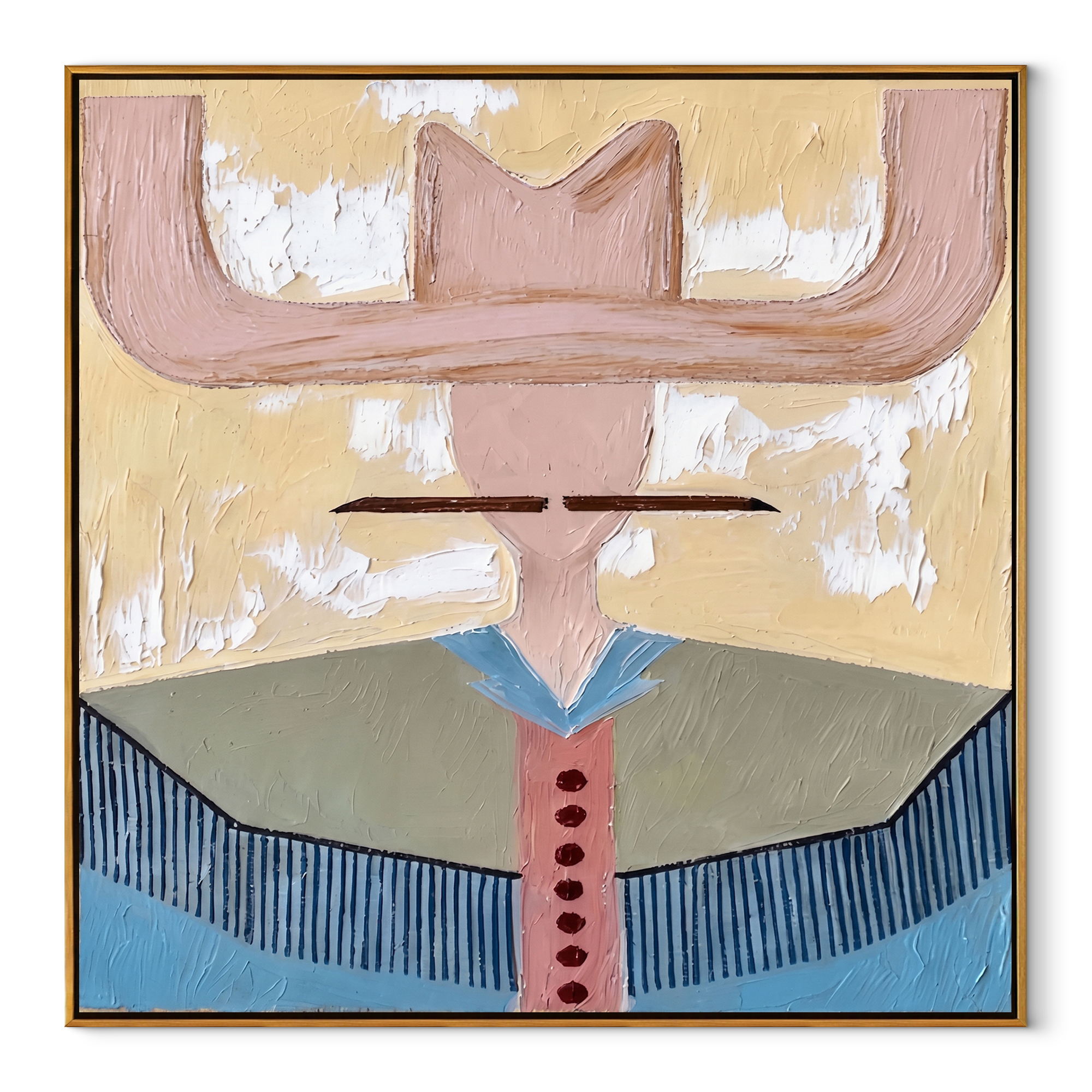 Blush Wings Frame Blue - blue western shirt painting by Elliot Vale, modern figurative square wall art - wood frame on white background