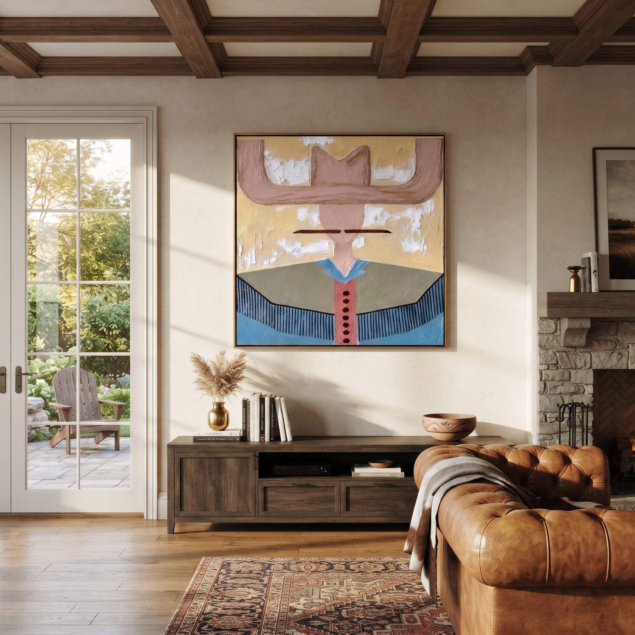 Blush Wings Frame Blue - blue western shirt painting by Elliot Vale, modern figurative square wall art - styled room scene view 2