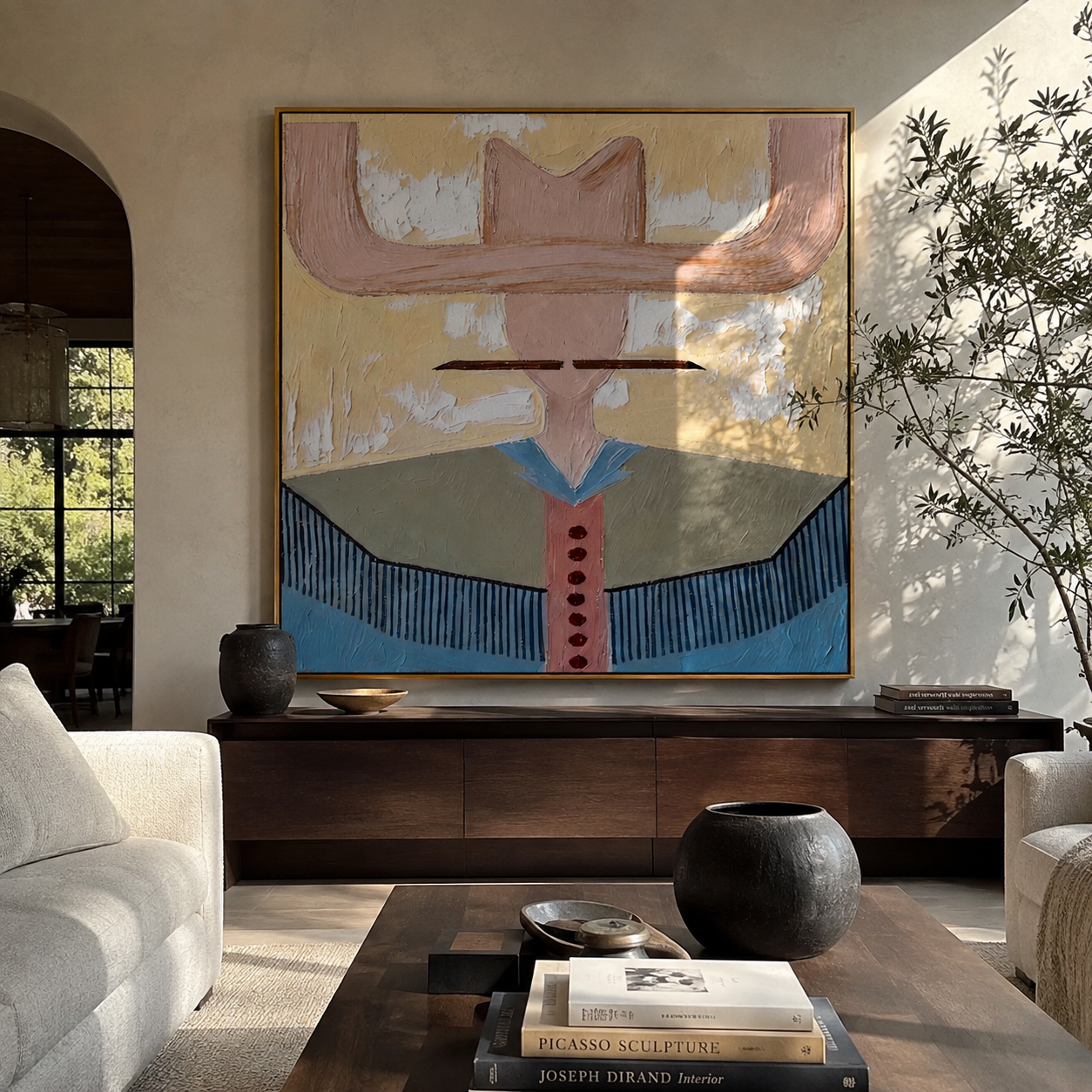 Blush Wings Frame Blue - blue western shirt painting by Elliot Vale, modern figurative square wall art - styled room scene view 3