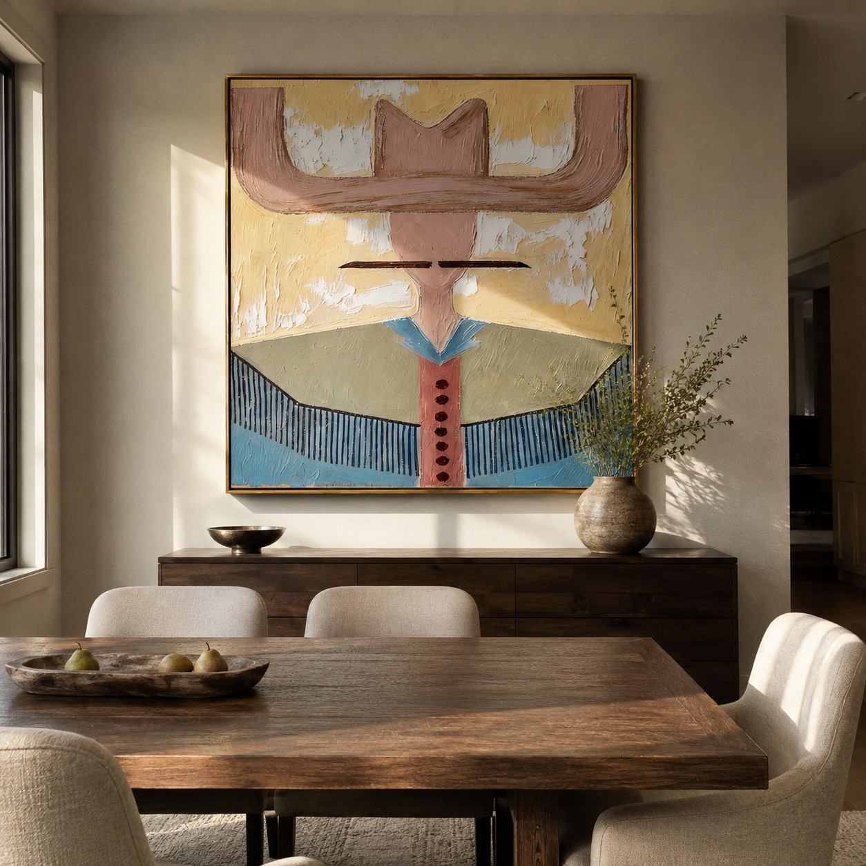 Blush Wings Frame Blue - blue western shirt painting by Elliot Vale, modern figurative square wall art - styled room scene view 4