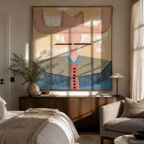 Blush Wings Frame Blue - blue western shirt painting by Elliot Vale, modern figurative square wall art - styled room scene view 5