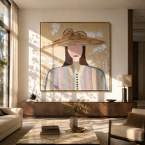 Brown Waves Shelter Color - multicolor striped woman painting by Elliot Vale, modern figurative square wall art - styled room scene view 1