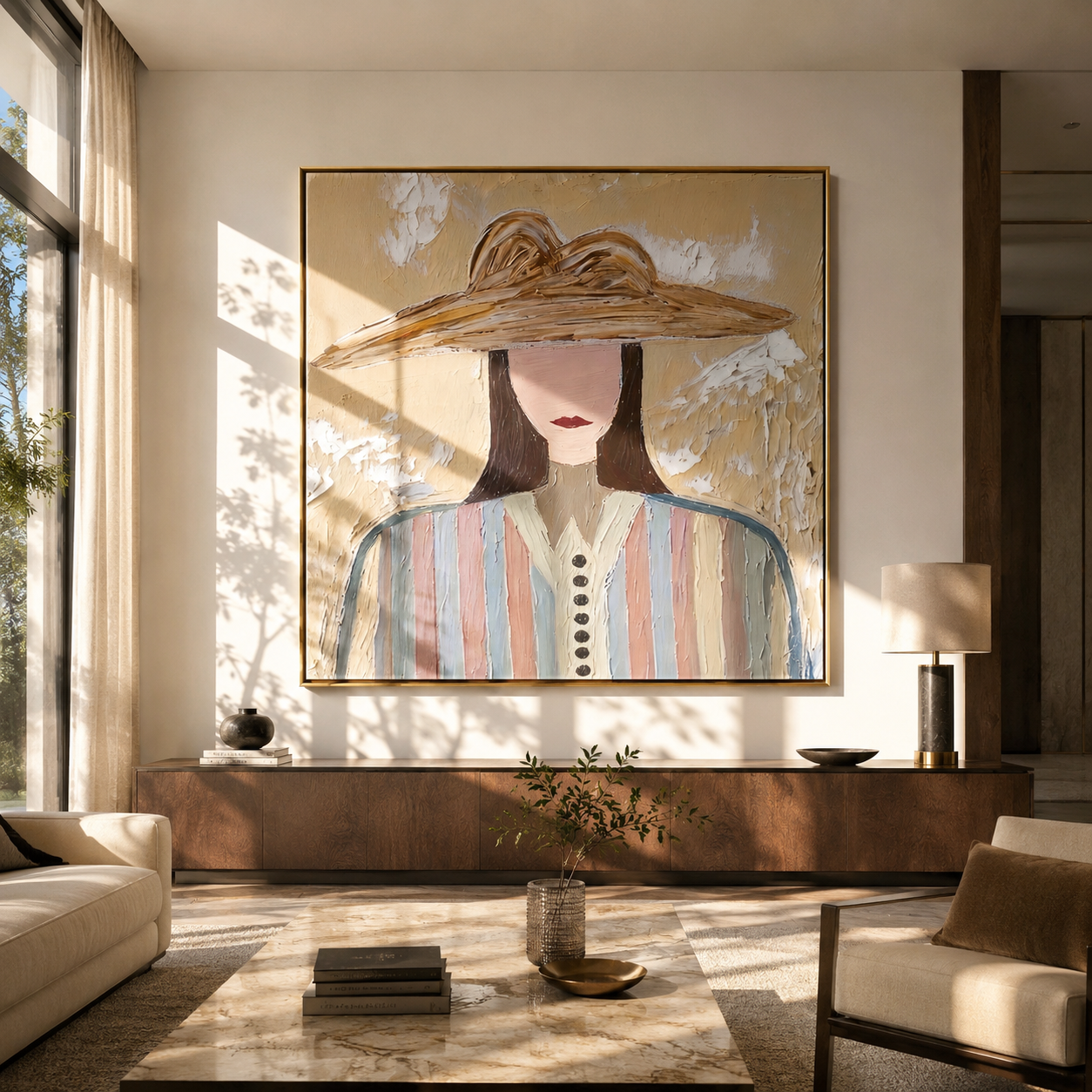Brown Waves Shelter Color - multicolor striped woman painting by Elliot Vale, modern figurative square wall art - styled room scene view 1